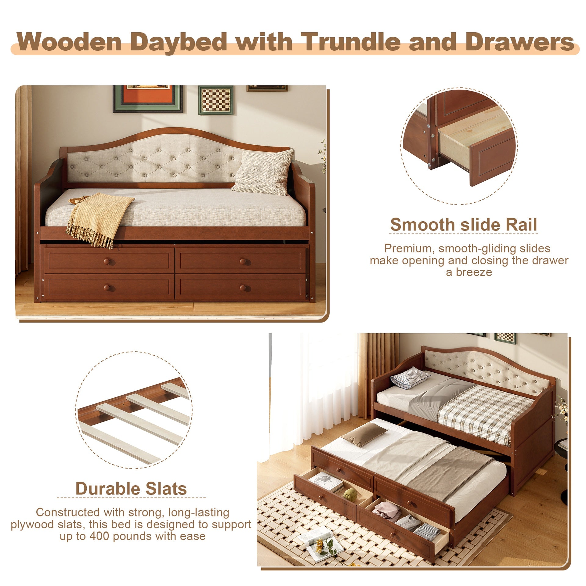 Twin Daybed with Trundle, Twin Size Daybed with 2 Storage Drawers, Wooden Sofa Bed with Upholstered Button Tufted Backrest for Living Room, Bedroom, Guest Room,Walnut
