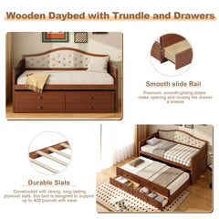 Twin Daybed with Trundle, Twin Size Daybed with 2 Storage Drawers, Wooden Sofa Bed with Upholstered Button Tufted Backrest for Living Room, Bedroom, Guest Room,Walnut