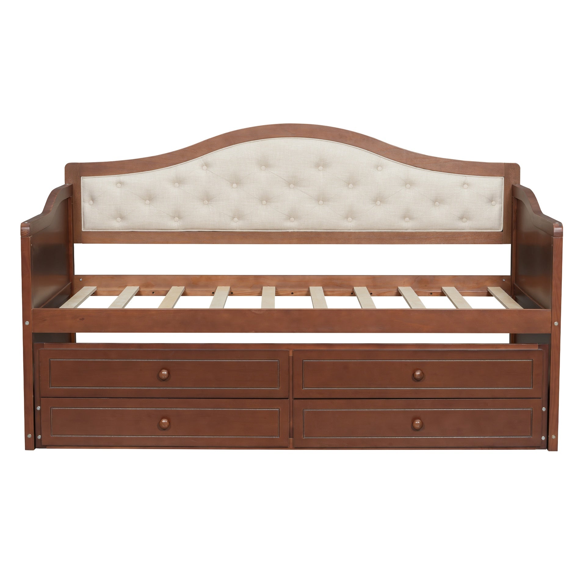 Twin Daybed with Trundle, Twin Size Daybed with 2 Storage Drawers, Wooden Sofa Bed with Upholstered Button Tufted Backrest for Living Room, Bedroom, Guest Room,Walnut