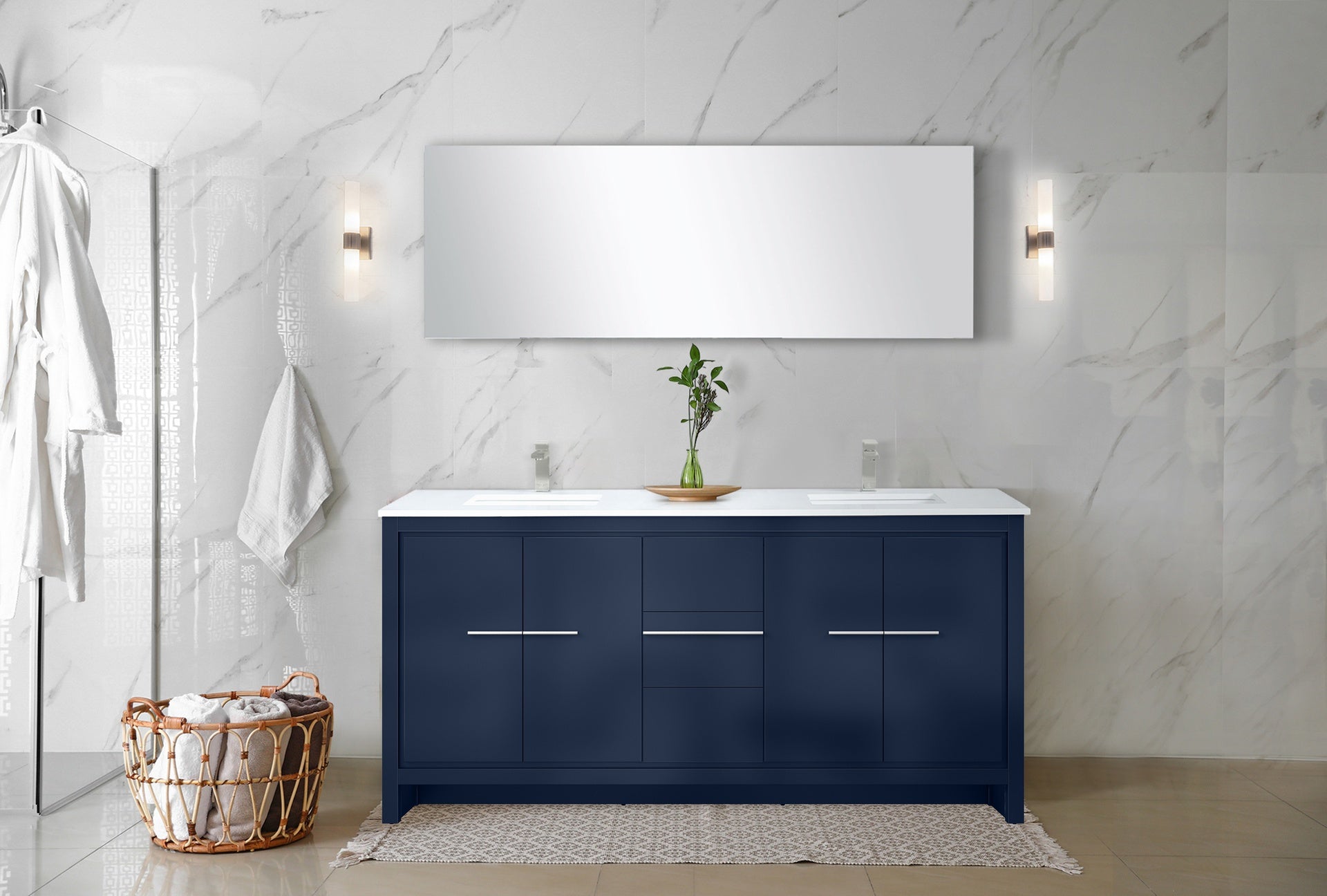 Navy Blue Double Bath Vanity 72 in. W x 20 in. D, Cultured Marble Top and Brushed Nickel Faucet Set