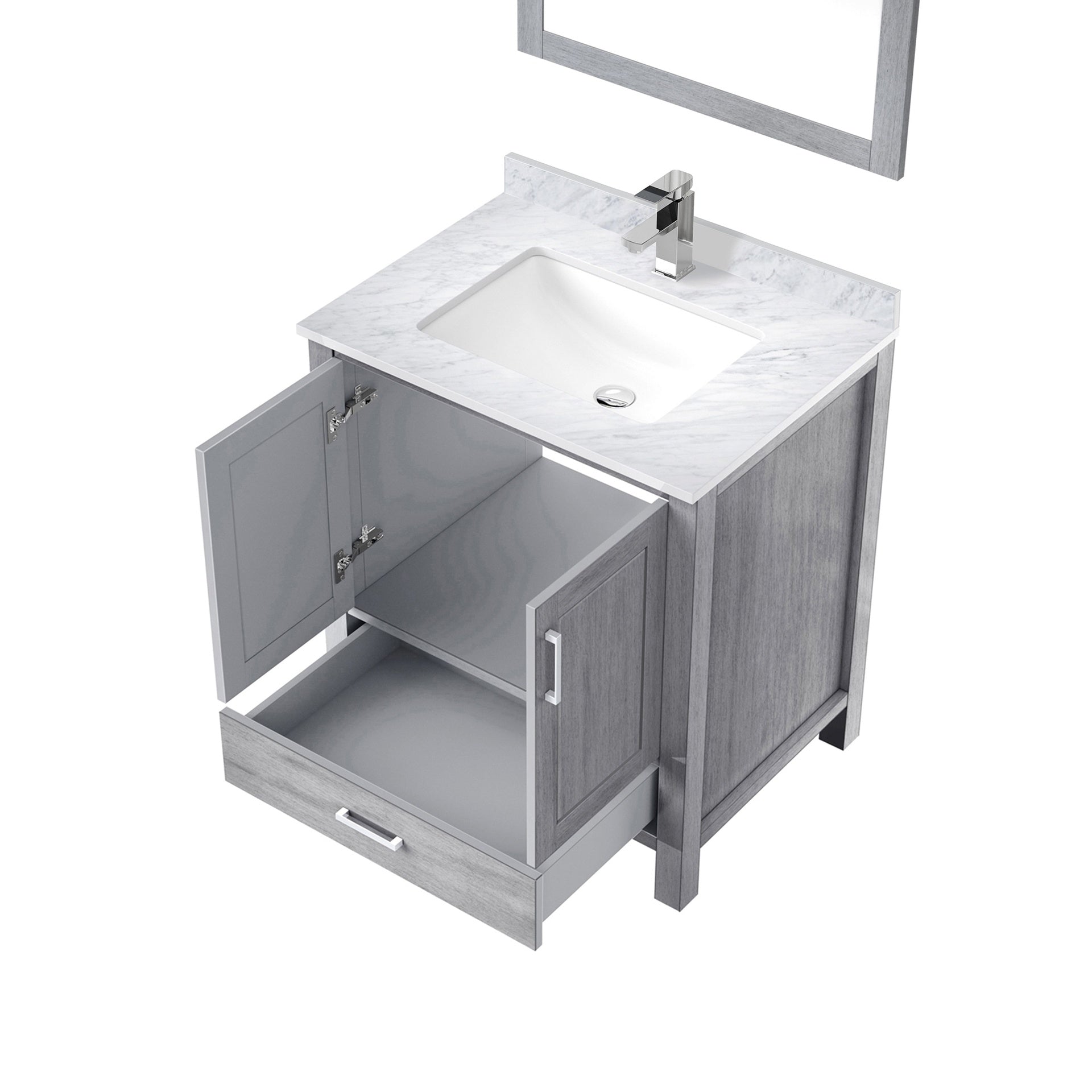 Distressed Grey Bath Vanity 30 in. W x 22 in. D, Carrara Marble Top, Faucet Set, and 28 in. Mirror