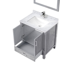 Distressed Grey Bath Vanity 30 in. W x 22 in. D, Carrara Marble Top, Faucet Set, and 28 in. Mirror