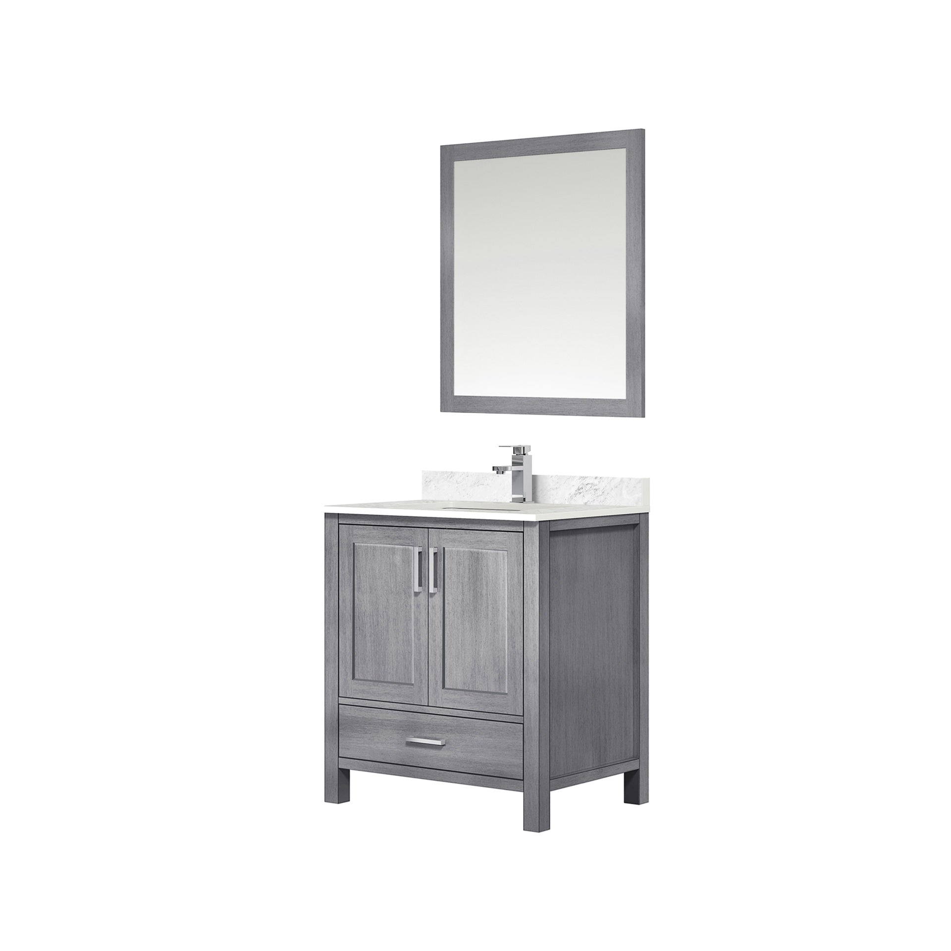 Distressed Grey Bath Vanity 30 in. W x 22 in. D, Carrara Marble Top, Faucet Set, and 28 in. Mirror