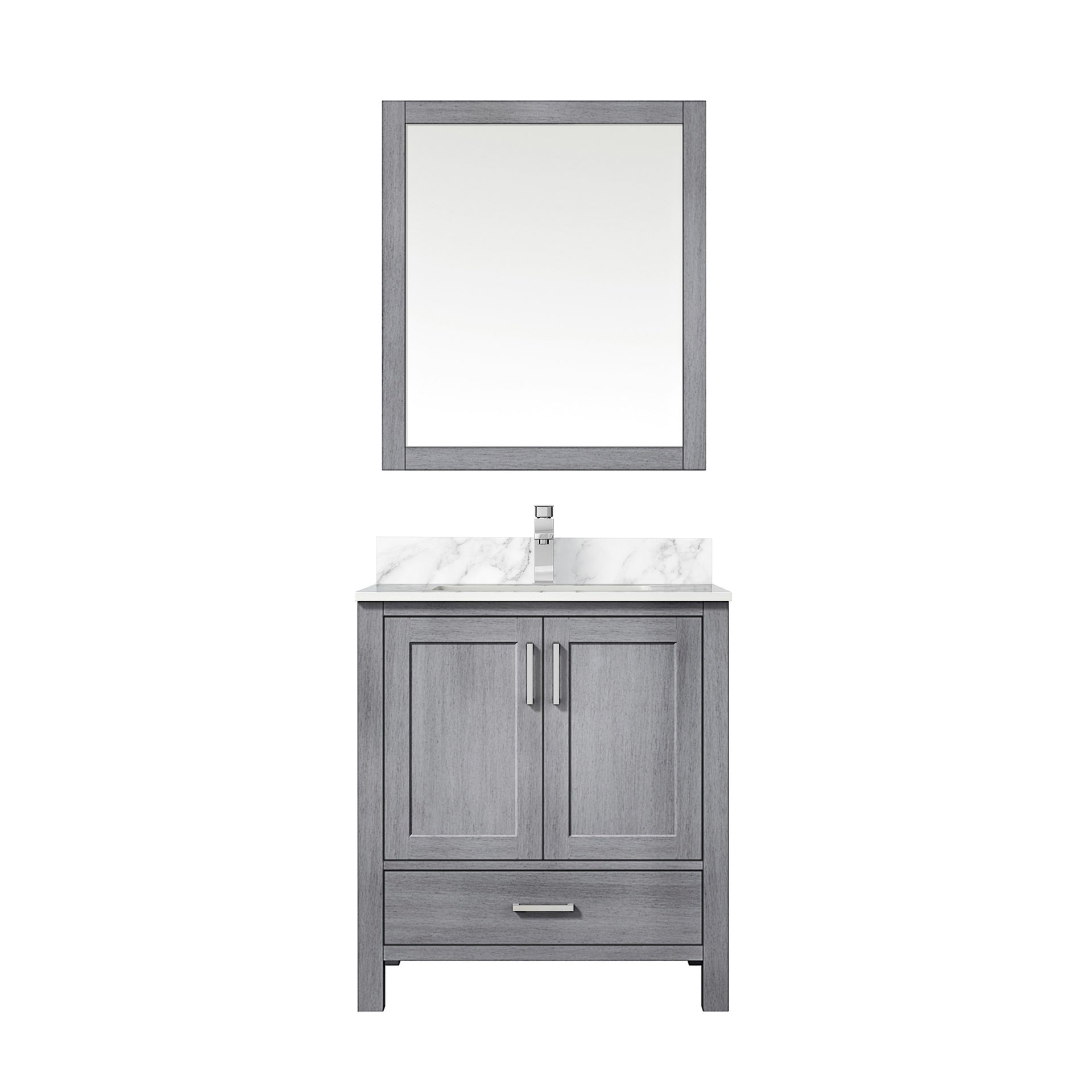 Distressed Grey Bath Vanity 30 in. W x 22 in. D, Carrara Marble Top, Faucet Set, and 28 in. Mirror