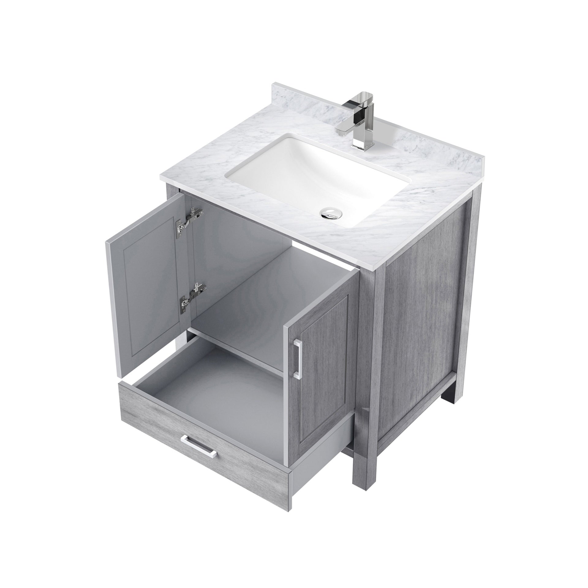 Distressed Grey Bath Vanity 30 in. W x 22 in. D, Carrara Marble Top, and Faucet Set