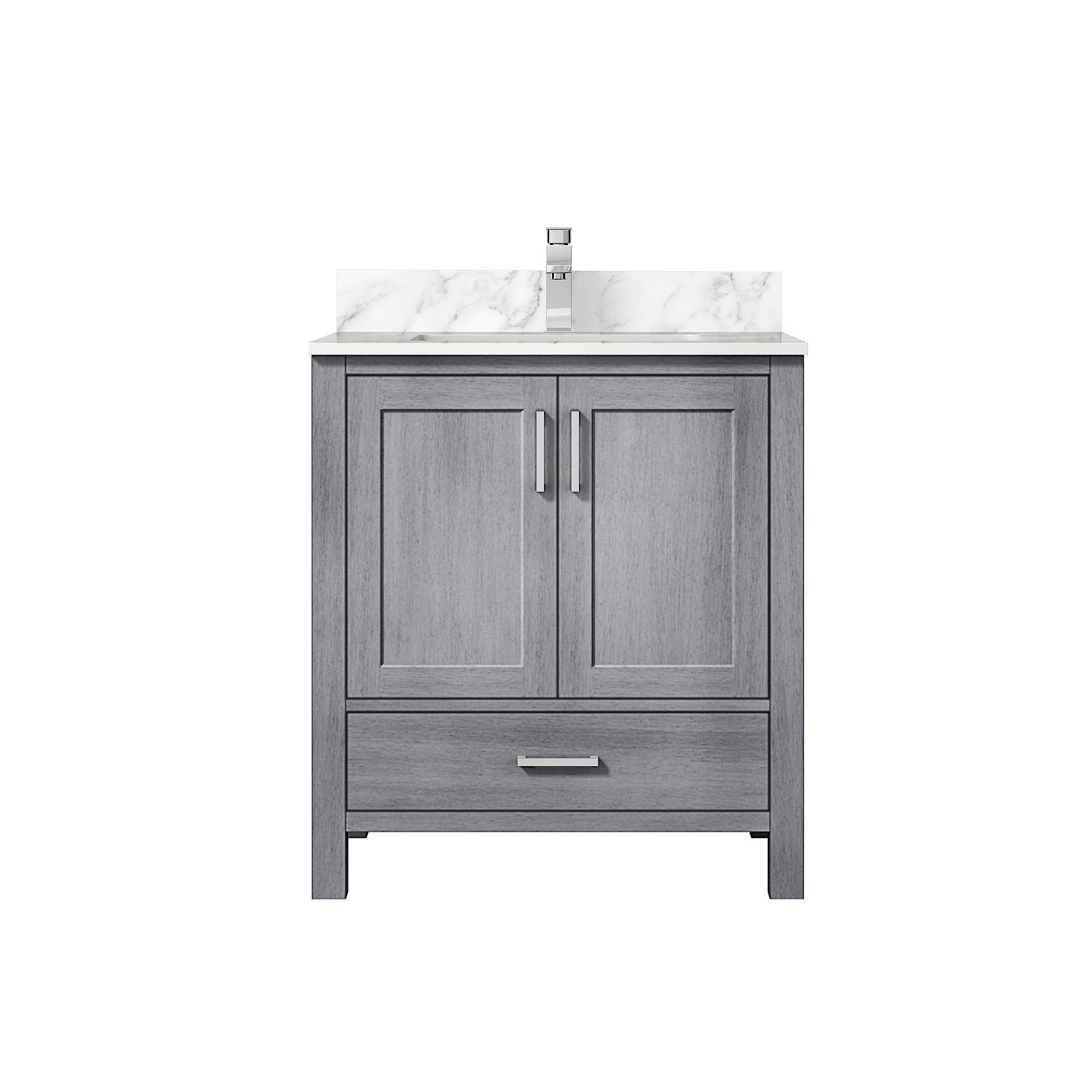 Distressed Grey Bath Vanity 30 in. W x 22 in. D, Carrara Marble Top, and Faucet Set