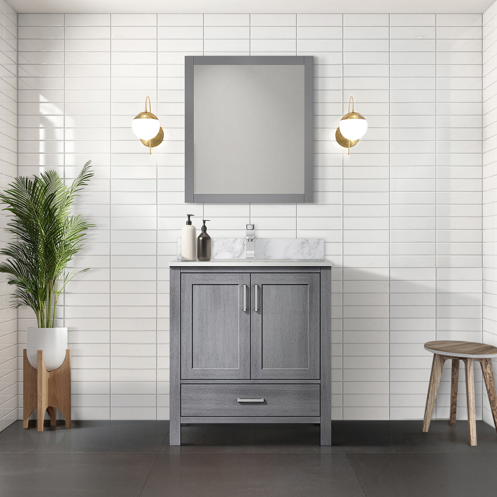 Distressed Grey Bath Vanity 30 in. W x 22 in. D, Carrara Marble Top, and Faucet Set