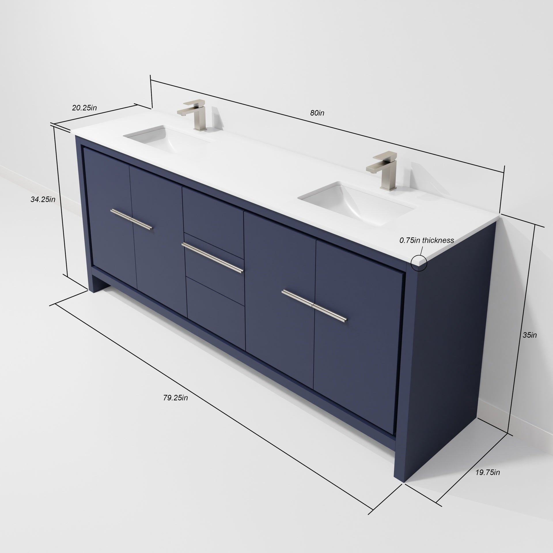 Navy Blue Double Bath Vanity 80 in. W x 20 in. D, Cultured Marble Top and Gun Metal Faucet Set