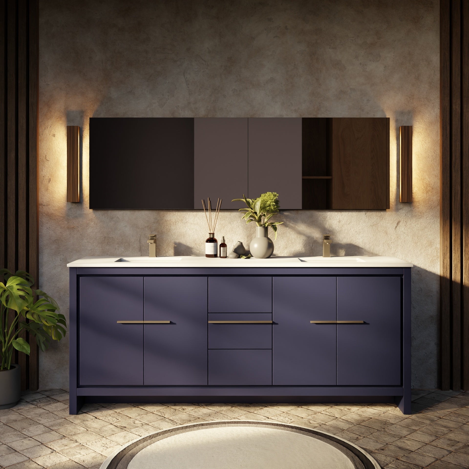 Navy Blue Double Bath Vanity 80 in. W x 20 in. D, Cultured Marble Top and Gun Metal Faucet Set