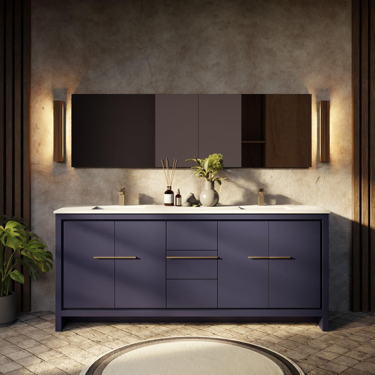 Navy Blue Double Bath Vanity 80 in. W x 20 in. D, Cultured Marble Top and Gun Metal Faucet Set
