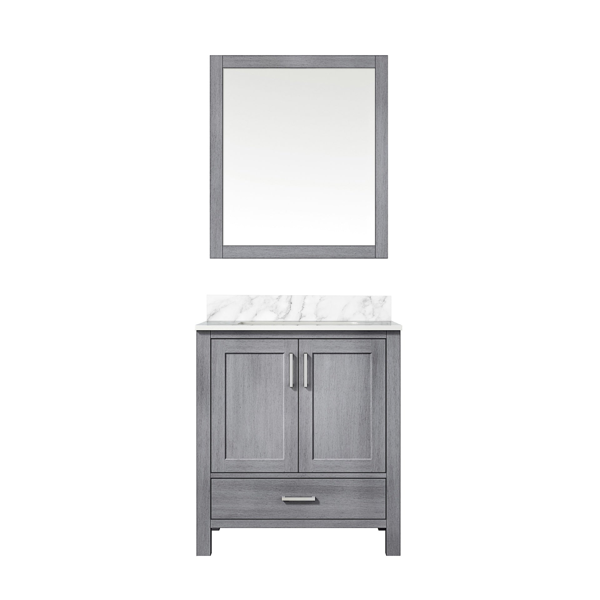 Distressed Grey Bath Vanity 30 in. W x 22 in. D, Carrara Marble Topand 28 in. Mirror