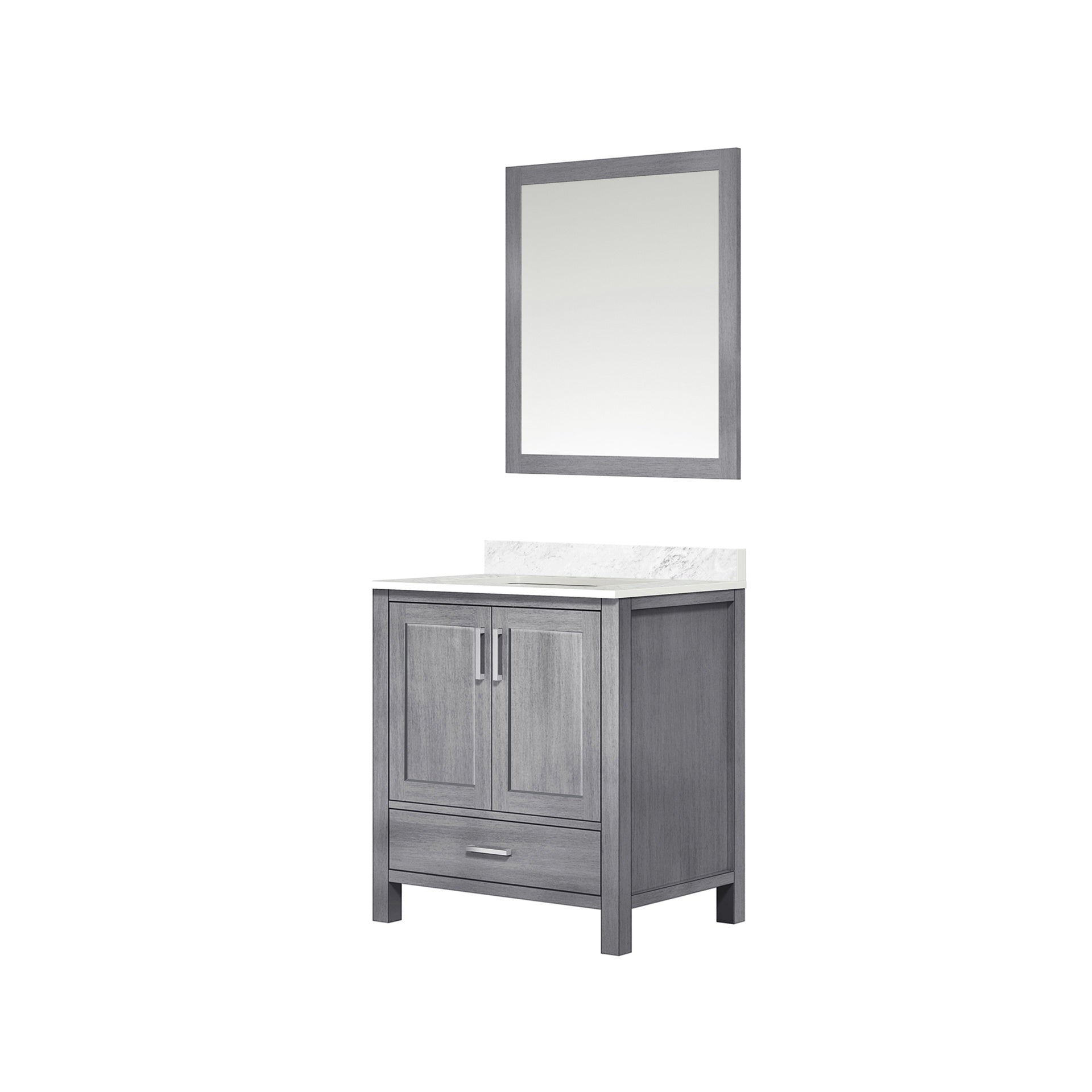 Distressed Grey Bath Vanity 30 in. W x 22 in. D, Carrara Marble Topand 28 in. Mirror