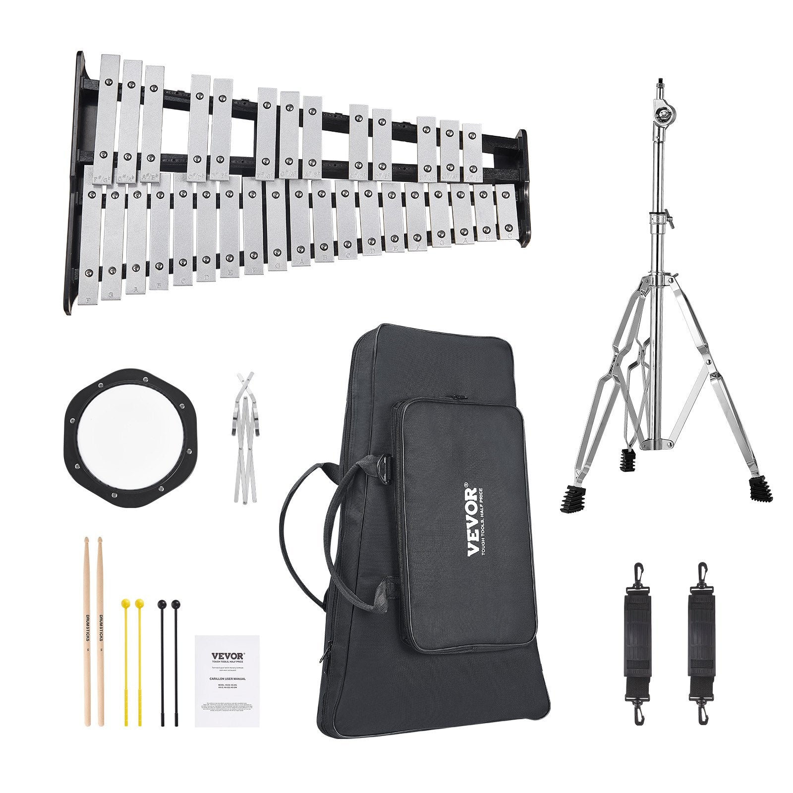 32 Note Glockenspiel Xylophone Bell Kit, Professional Percussion Instrument Set with Mallets, Drum Sticks, Music Stand,  8" Practice Pad, Adjustable Stand and Carrying Bag for Students & Adults