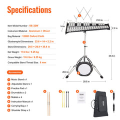 32 Note Glockenspiel Xylophone Bell Kit, Professional Percussion Instrument Set with Mallets, Drum Sticks, Music Stand,  8" Practice Pad, Adjustable Stand and Carrying Bag for Students & Adults