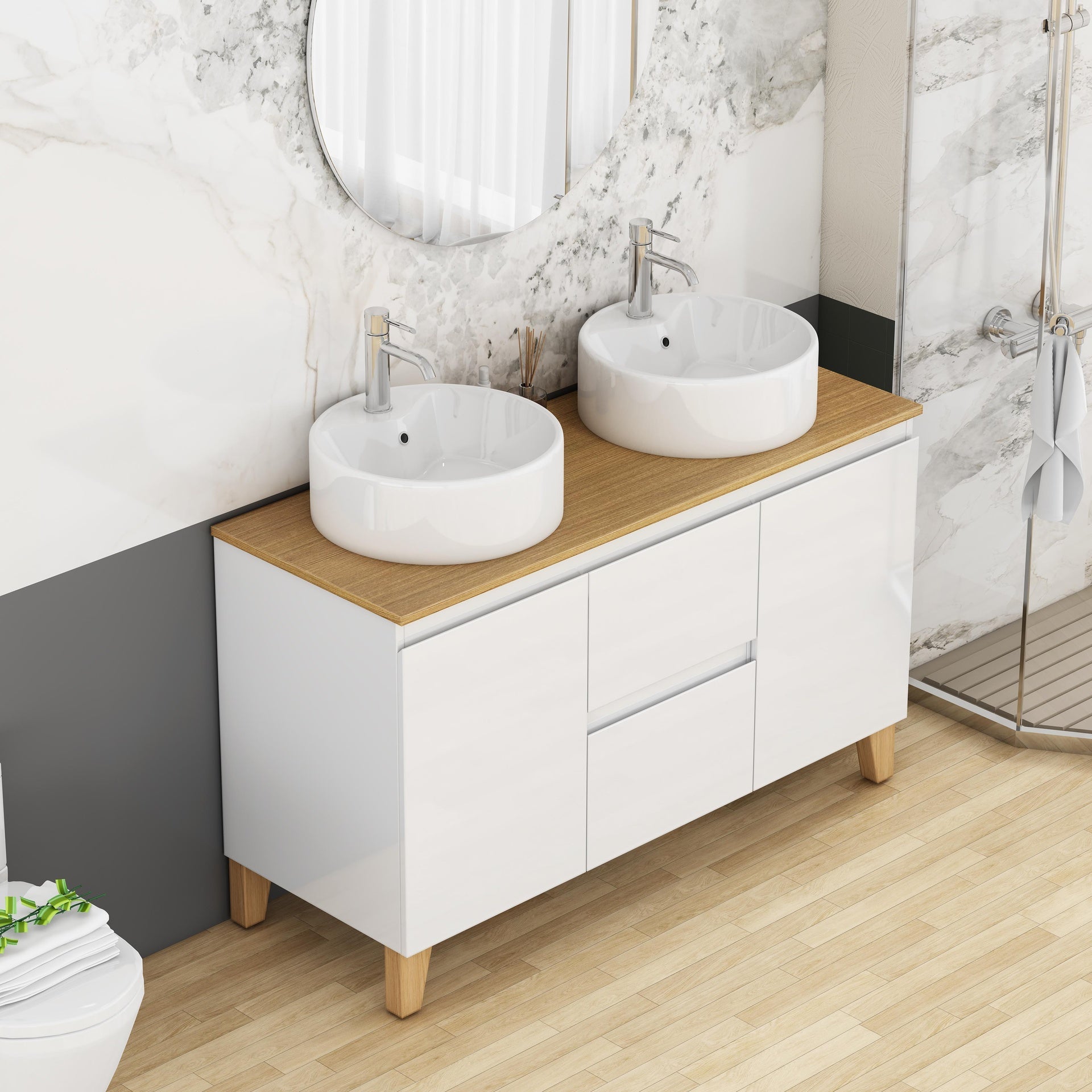 47-Inch Modern Bathroom Vanity With 2 Basins Combo, 2 Doors and 2 Big Drawer, Soft-Clost System,Handle-Free Design,Natural Solid Wood Top and Feet,2 Round Ceramic Basins On the Countertop,Glossy White