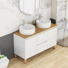47-Inch Modern Bathroom Vanity With 2 Basins Combo, 2 Doors and 2 Big Drawer, Soft-Clost System,Handle-Free Design,Natural Solid Wood Top and Feet,2 Round Ceramic Basins On the Countertop,Glossy White