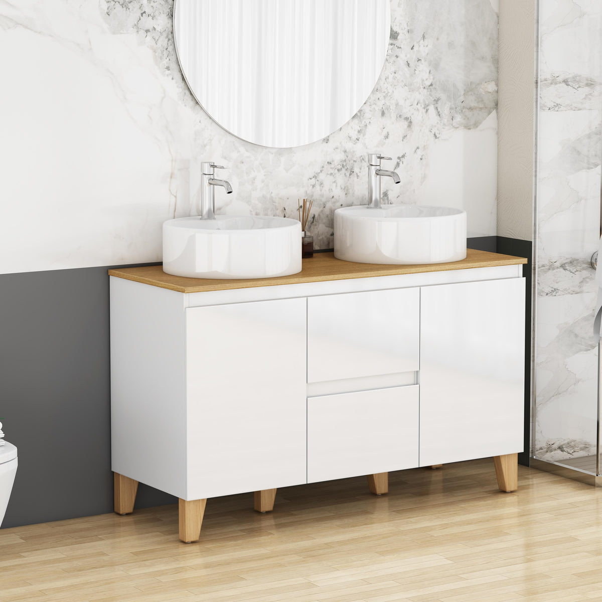 47-Inch Modern Bathroom Vanity With 2 Basins Combo, 2 Doors and 2 Big Drawer, Soft-Clost System,Handle-Free Design,Natural Solid Wood Top and Feet,2 Round Ceramic Basins On the Countertop,Glossy White