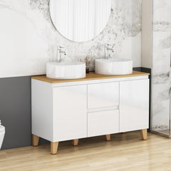 47-Inch Modern Bathroom Vanity With 2 Basins Combo, 2 Doors and 2 Big Drawer, Soft-Clost System,Handle-Free Design,Natural Solid Wood Top and Feet,2 Round Ceramic Basins On the Countertop,Glossy White