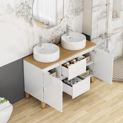 47-Inch Modern Bathroom Vanity With 2 Basins Combo, 2 Doors and 2 Big Drawer, Soft-Clost System,Handle-Free Design,Natural Solid Wood Top and Feet,2 Round Ceramic Basins On the Countertop,Glossy White