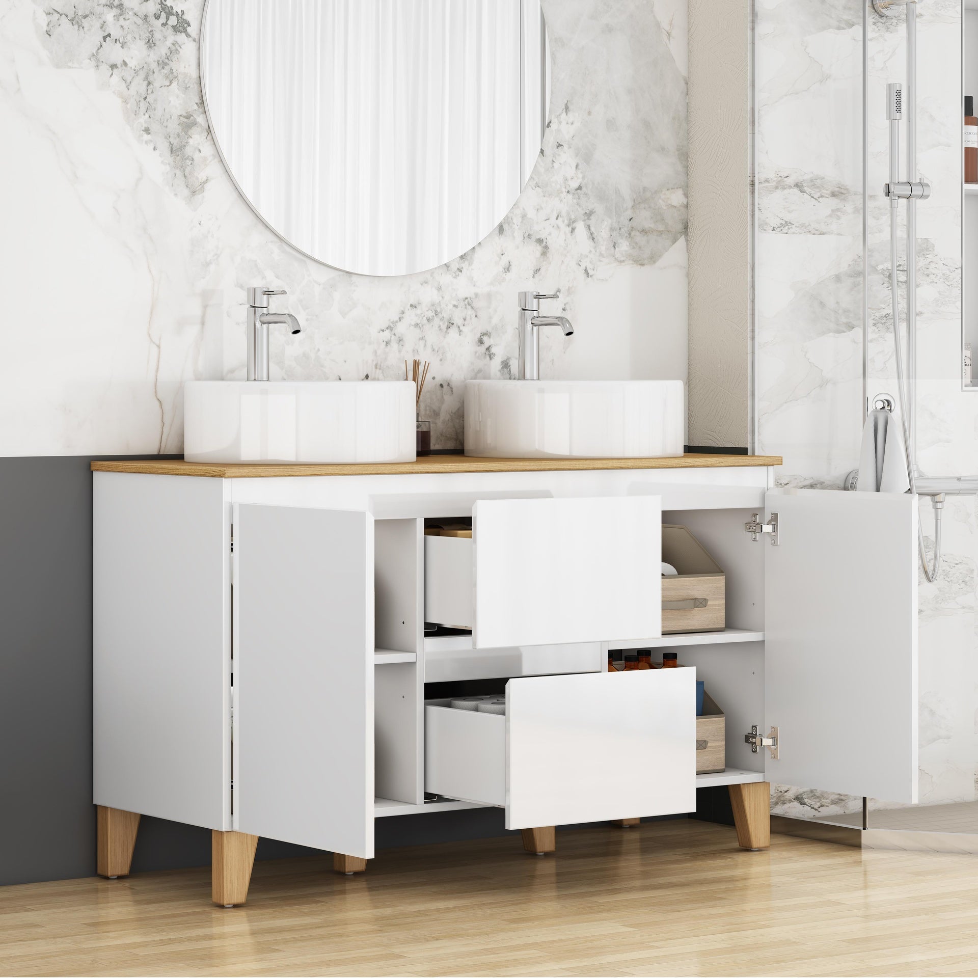 47-Inch Modern Bathroom Vanity With 2 Basins Combo, 2 Doors and 2 Big Drawer, Soft-Clost System,Handle-Free Design,Natural Solid Wood Top and Feet,2 Round Ceramic Basins On the Countertop,Glossy White