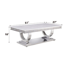 Zander White Printed Faux Marble Top & Mirrored Silver Finish Coffee Table