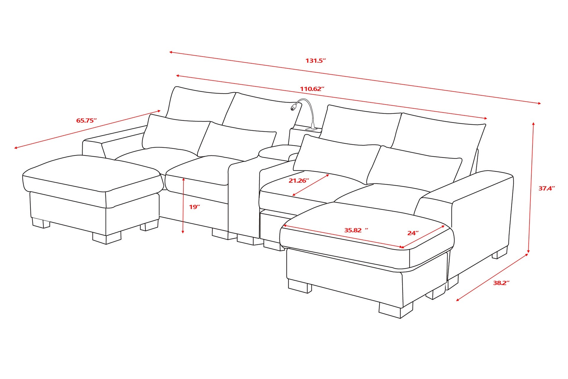 Modern Sectional Sofa Couch with Console,USB Charging Port,Reading Light,Cup Holder, Light Grey