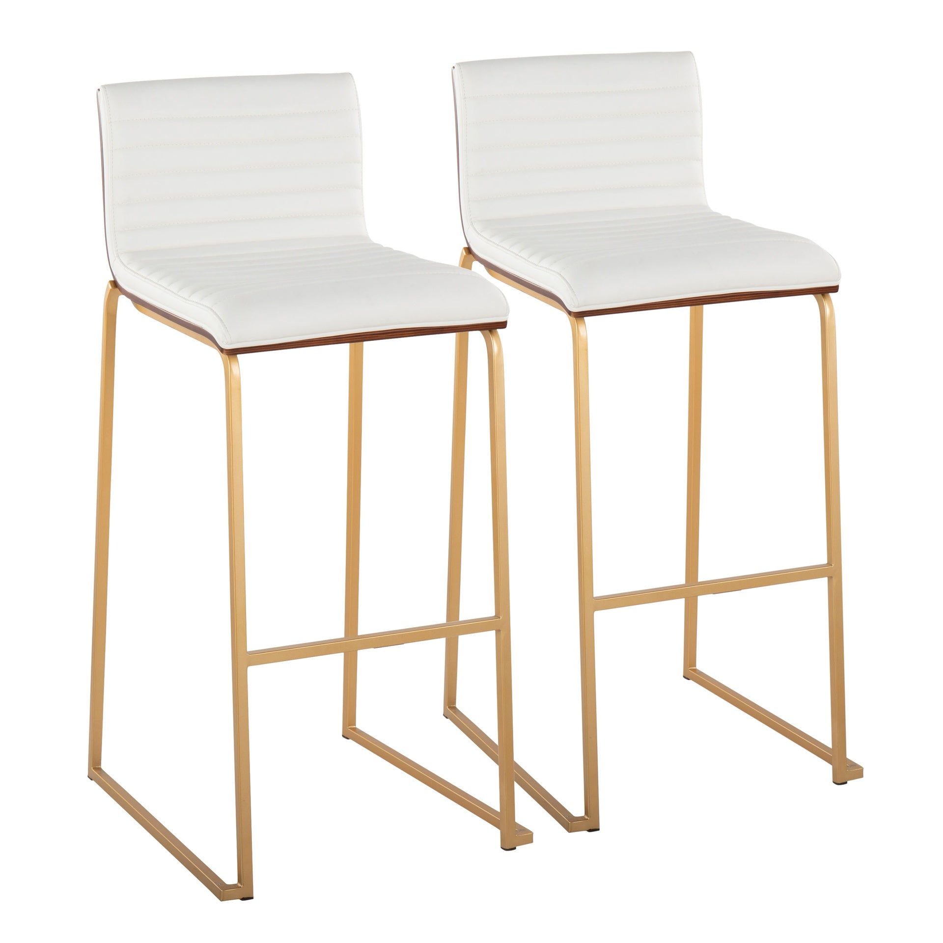 Mason Mara 30" Contemporary Fixed-Height Barstool in Gold Metal, Walnut Wood and White Faux Leather by LumiSource - Set of 2