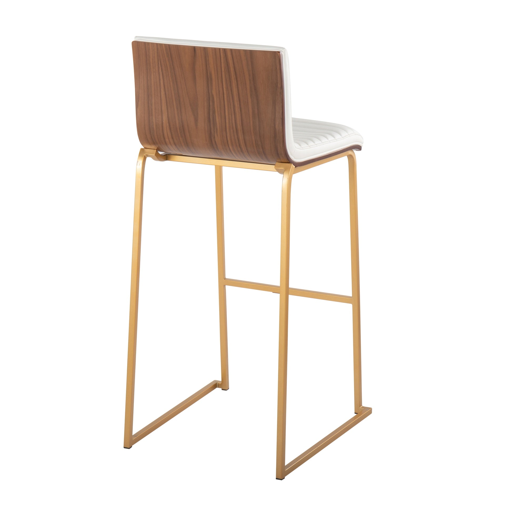 Mason Mara 30" Contemporary Fixed-Height Barstool in Gold Metal, Walnut Wood and White Faux Leather by LumiSource - Set of 2
