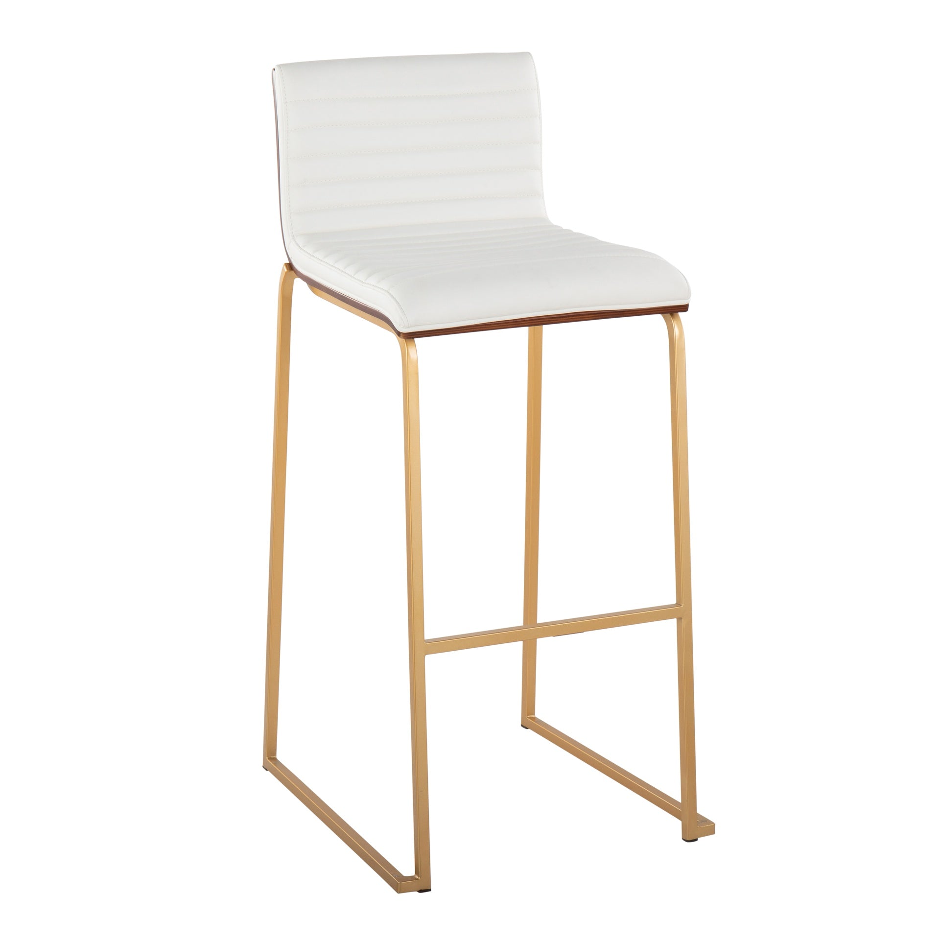 Mason Mara 30" Contemporary Fixed-Height Barstool in Gold Metal, Walnut Wood and White Faux Leather by LumiSource - Set of 2