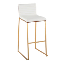 Mason Mara 30" Contemporary Fixed-Height Barstool in Gold Metal, Walnut Wood and White Faux Leather by LumiSource - Set of 2