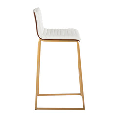 Mason Mara 30" Contemporary Fixed-Height Barstool in Gold Metal, Walnut Wood and White Faux Leather by LumiSource - Set of 2