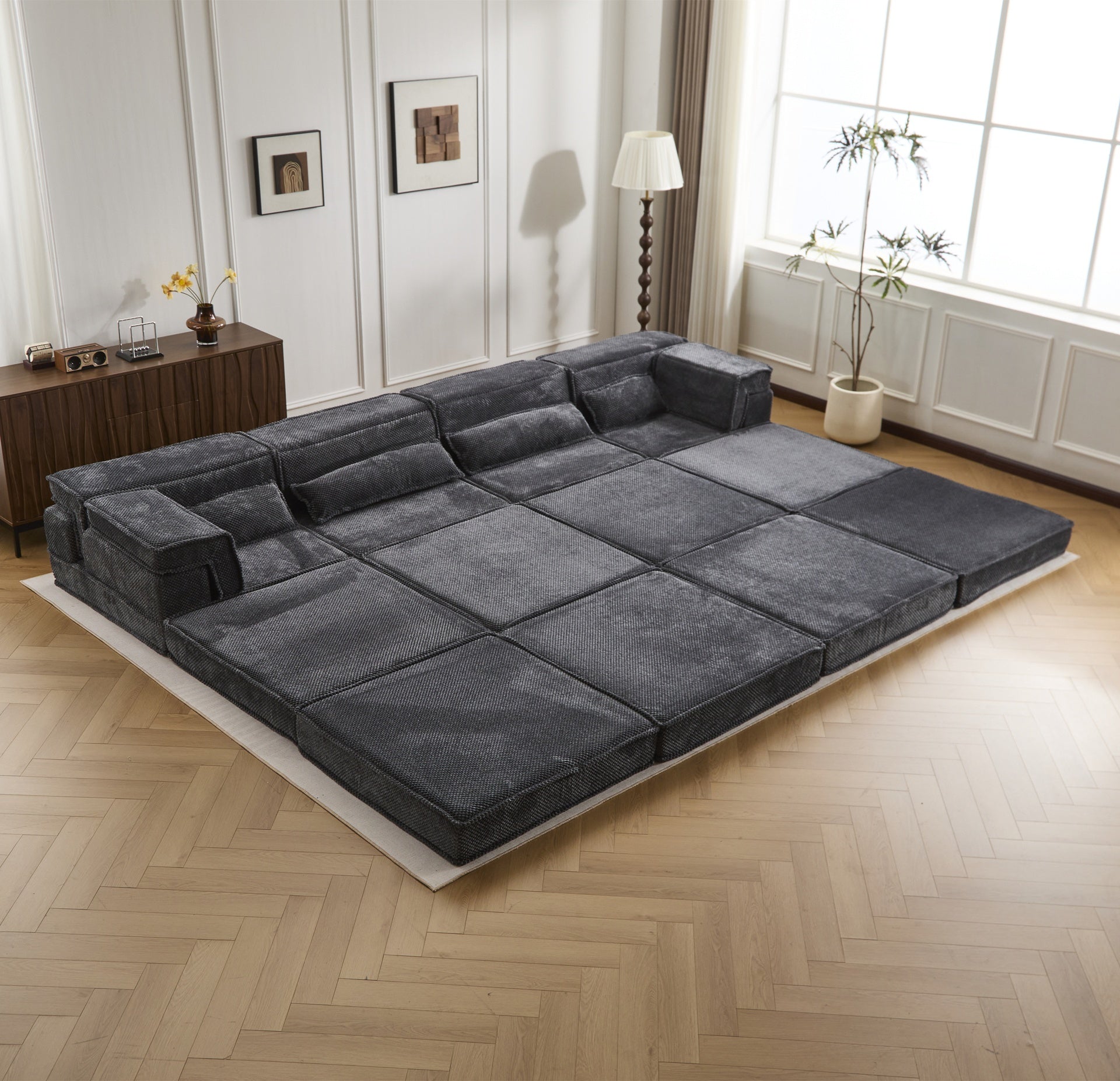 Compression Mahjong Sofa,Convertible Floor Sofa Bed,DIY Boneless Modular Sectional Sofa,No Assembly Required,Circle fleece fabric,Oversized 4 Seater with 2 Ottoman,Dark-grey