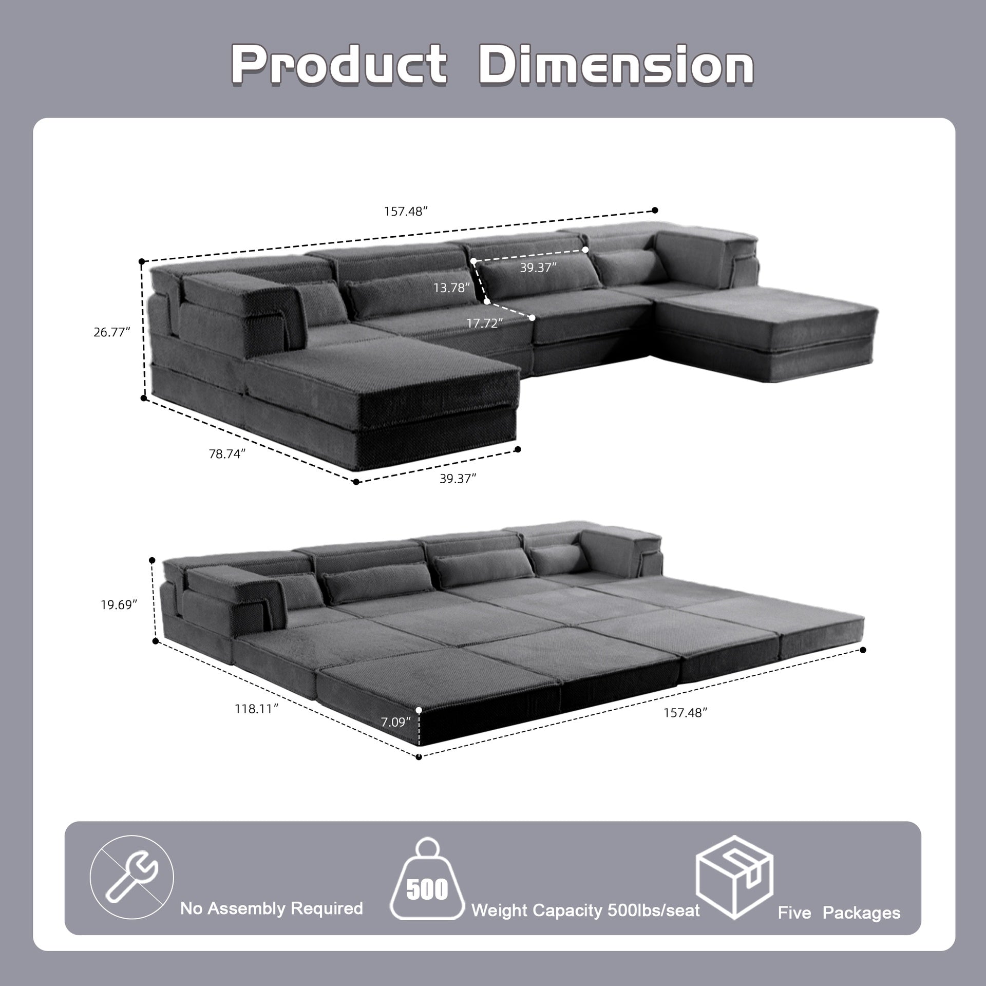Compression Mahjong Sofa,Convertible Floor Sofa Bed,DIY Boneless Modular Sectional Sofa,No Assembly Required,Circle fleece fabric,Oversized 4 Seater with 2 Ottoman,Dark-grey