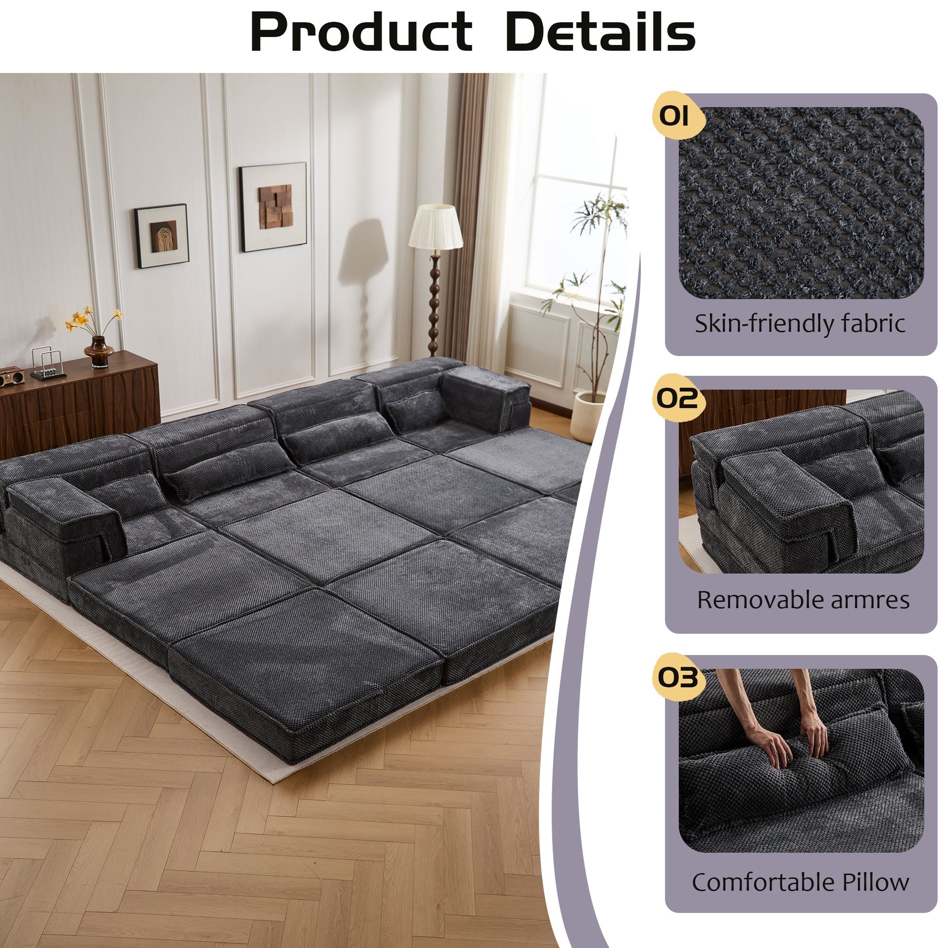 Compression Mahjong Sofa,Convertible Floor Sofa Bed,DIY Boneless Modular Sectional Sofa,No Assembly Required,Circle fleece fabric,Oversized 4 Seater with 2 Ottoman,Dark-grey
