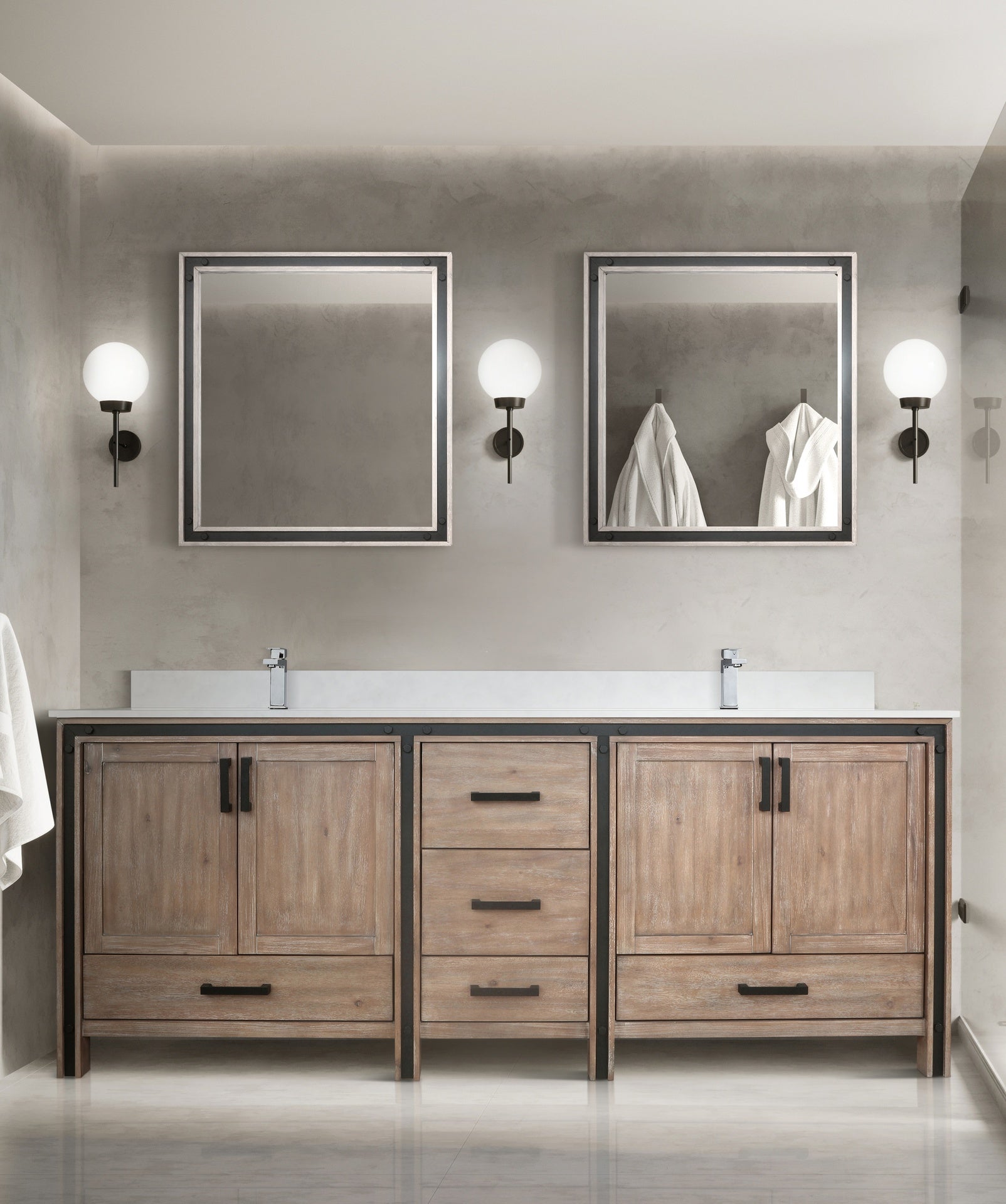 Rustic Barnwood Double Bath Vanity 84 in. W x 22 in. D, and 34 in. Mirrors