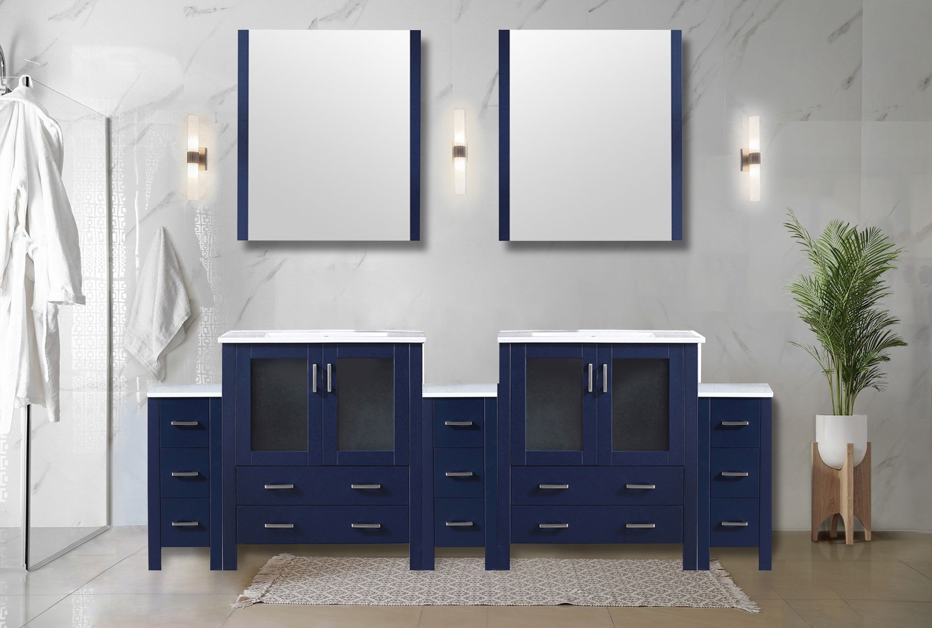 Navy Blue Double Bath Vanity 96 in. W x 18.25 in. D, with Side Cabinets, and White Ceramic Top