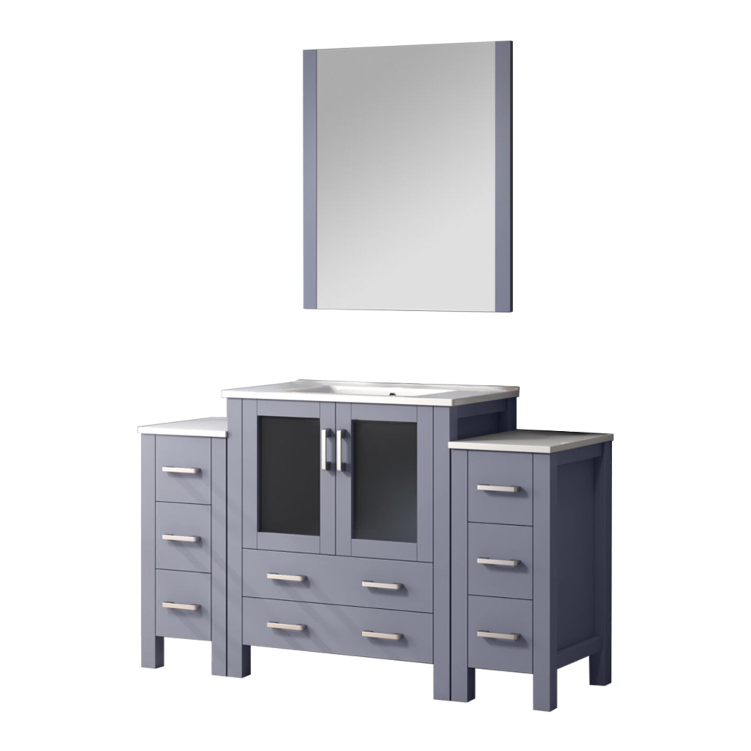 Dark Grey Bath Vanity 54 in. W x 18.25 in. D, with Side Cabinets, White Ceramic Top, and 28 in. Mirror