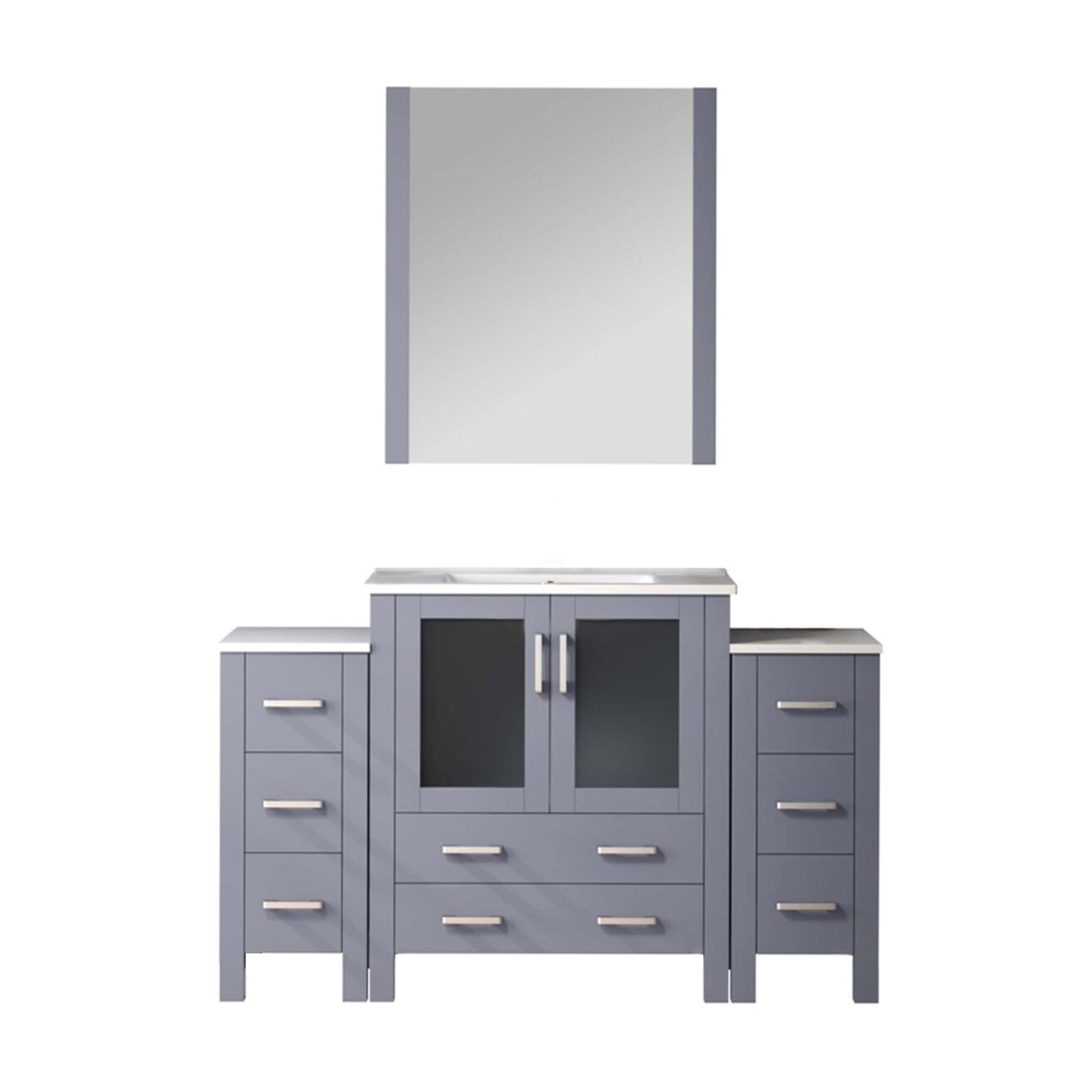 Dark Grey Single Bath Vanity 54 in. W x 18.25 in. D, with Side Cabinets, White Ceramic Top, and 28 in. Mirror