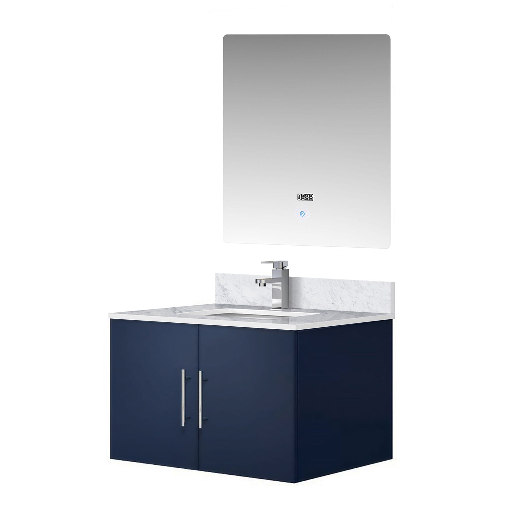 Navy Blue Bath Vanity 30 in. W x 22 in. D, Carrara Marble Top, Faucet Set, and 30 in. LED Mirror
