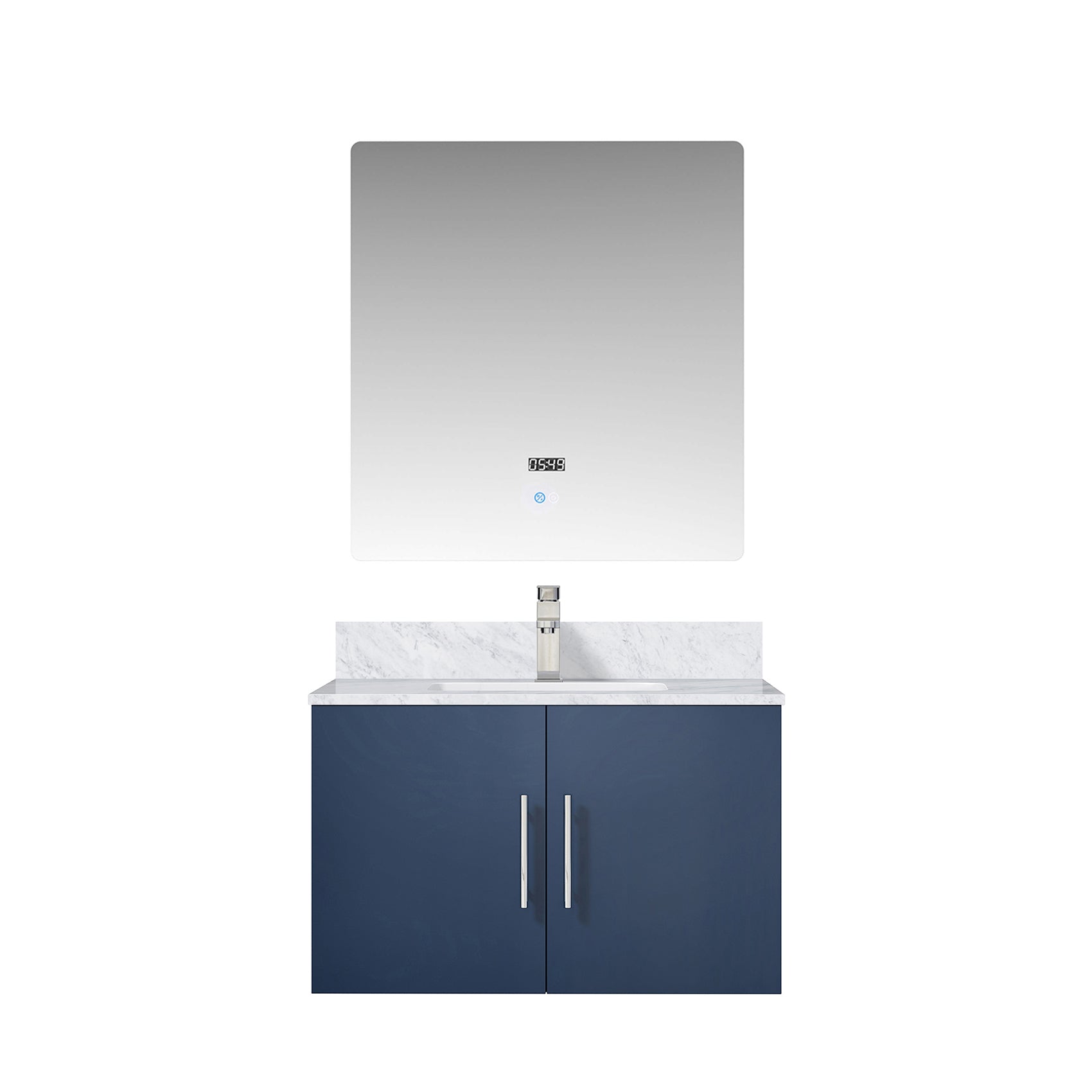 Navy Blue Bath Vanity 30 in. W x 22 in. D, Carrara Marble Top, Faucet Set, and 30 in. LED Mirror