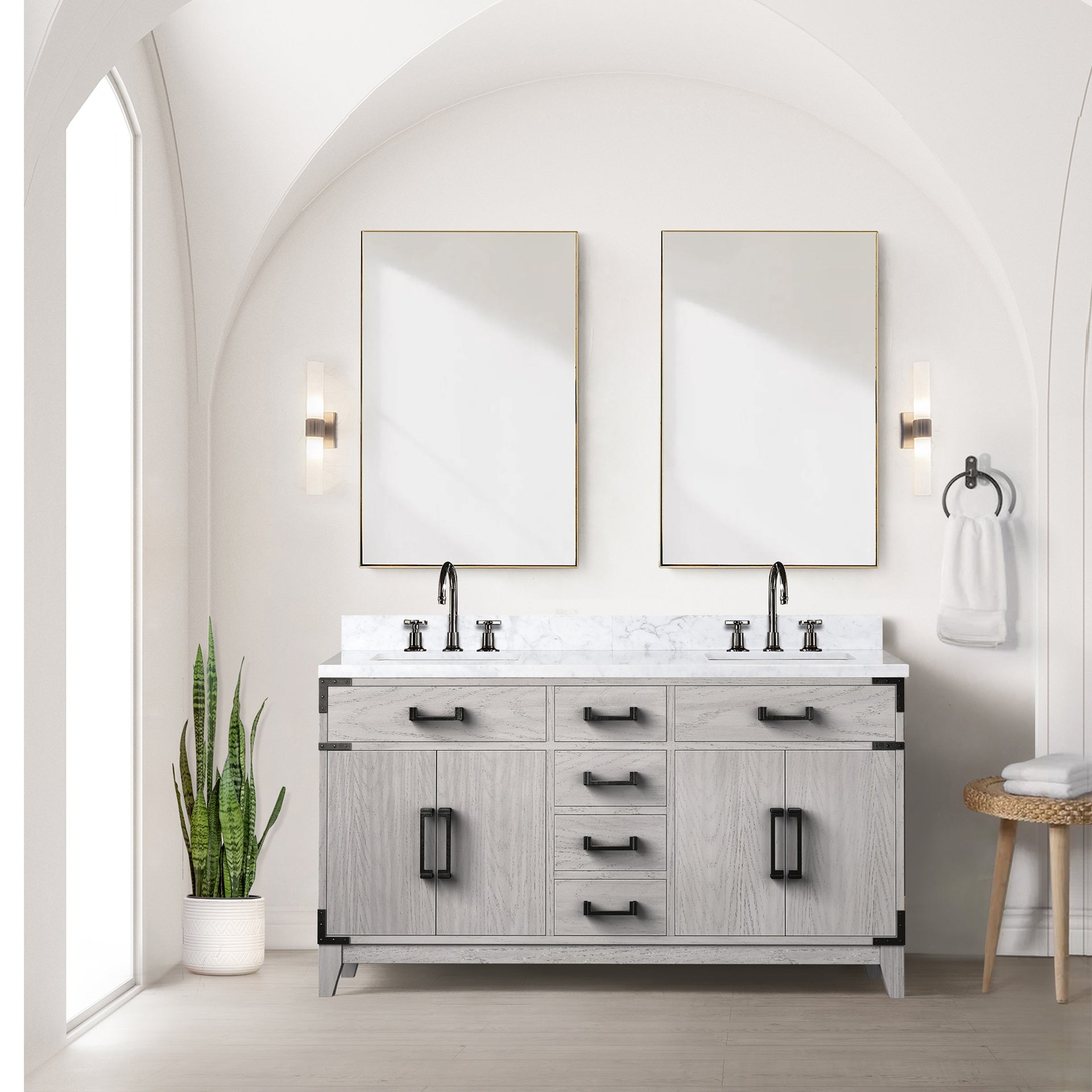 White Oak Double Bath Vanity 60 in. W x 22 in. D, Carrara Marble Top, and 28 in. Mirrors