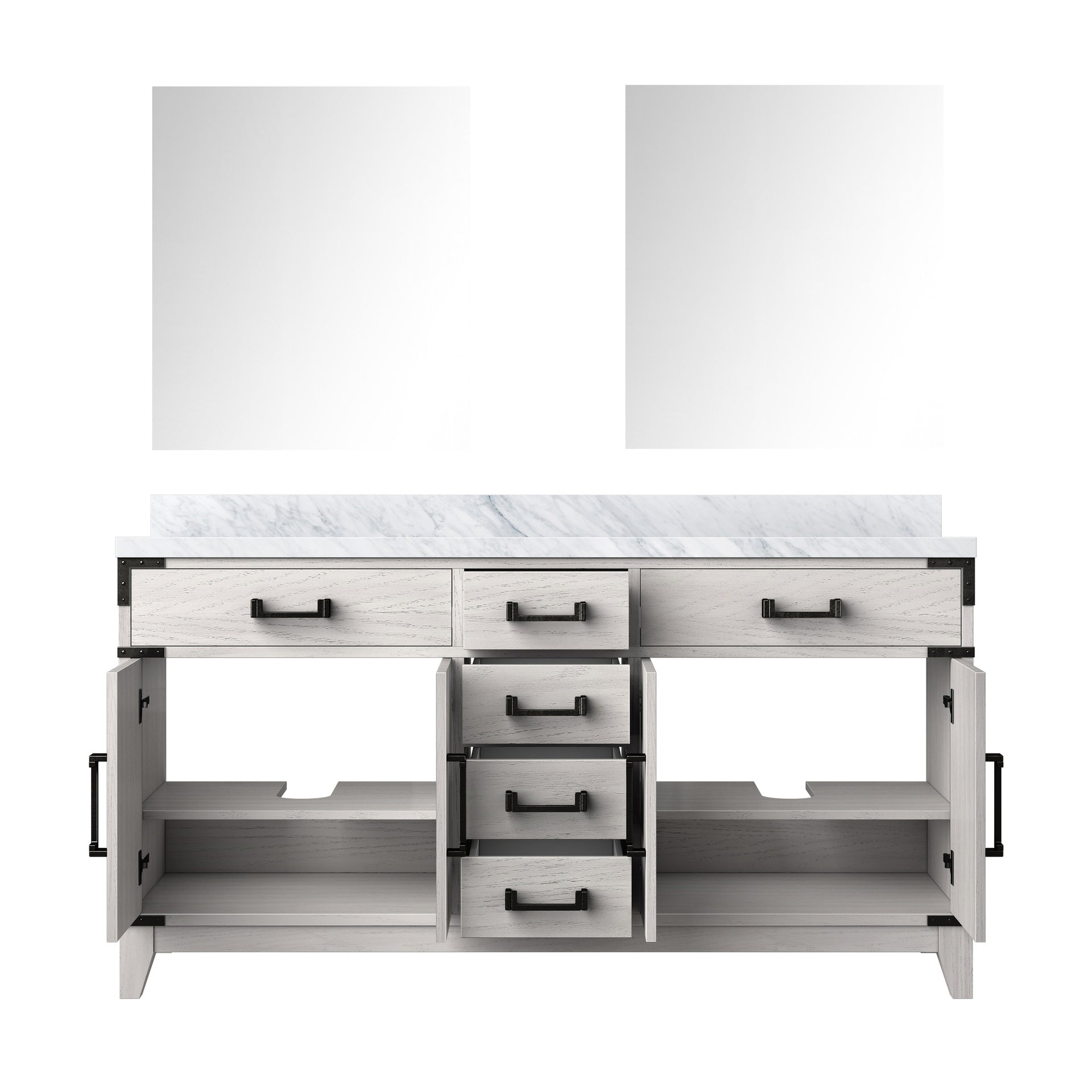 White Oak Double Bath Vanity 60 in. W x 22 in. D, Carrara Marble Top, and 28 in. Mirrors