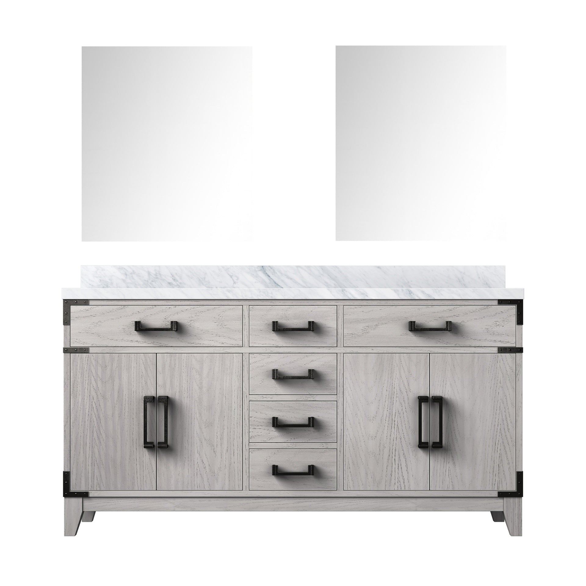 White Oak Double Bath Vanity 60 in. W x 22 in. D, Carrara Marble Top, and 28 in. Mirrors