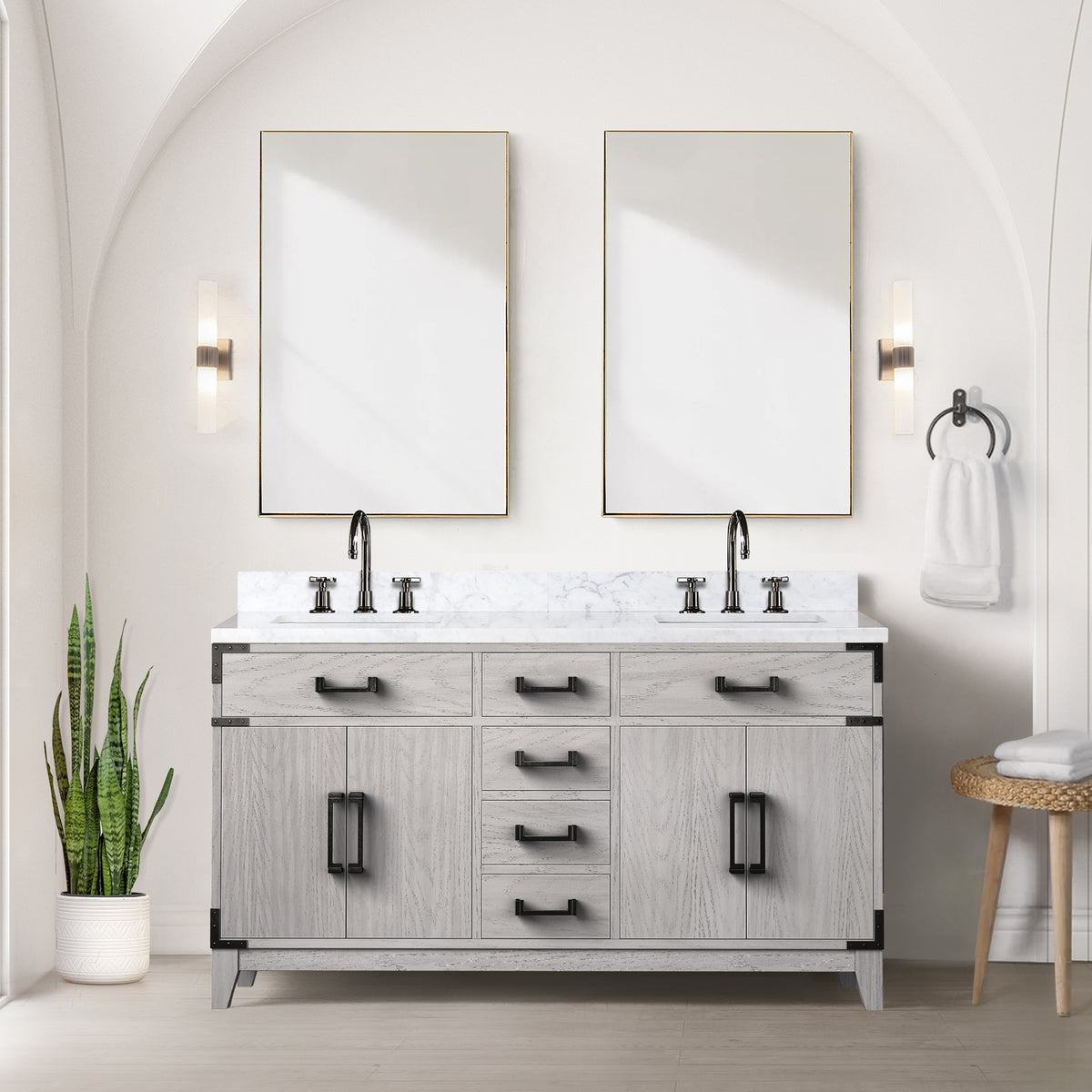 White Oak Double Bath Vanity 60 in. W x 22 in. D, Carrara Marble Top, and 28 in. Mirrors