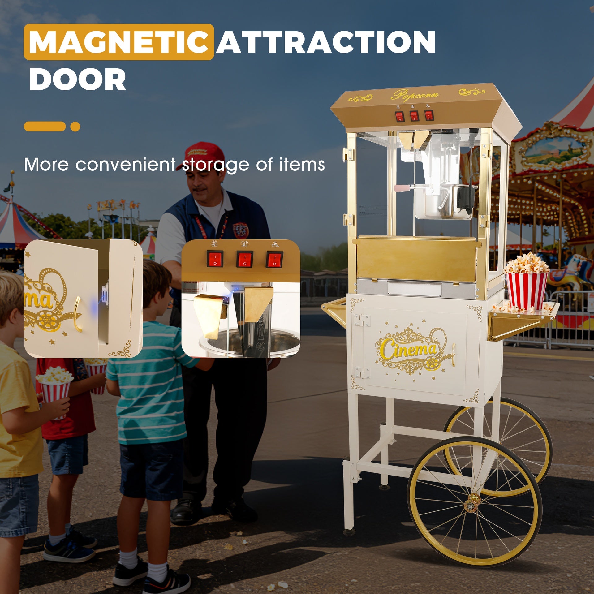 16Oz Commercial Popcorn Machine With Cart and 16 Oz Kettle , Movie Theater Popcorn Machine, Silver Gray Pop Corn Machine with 3-Switch Control & Steel Frame Tempered Glass Doors