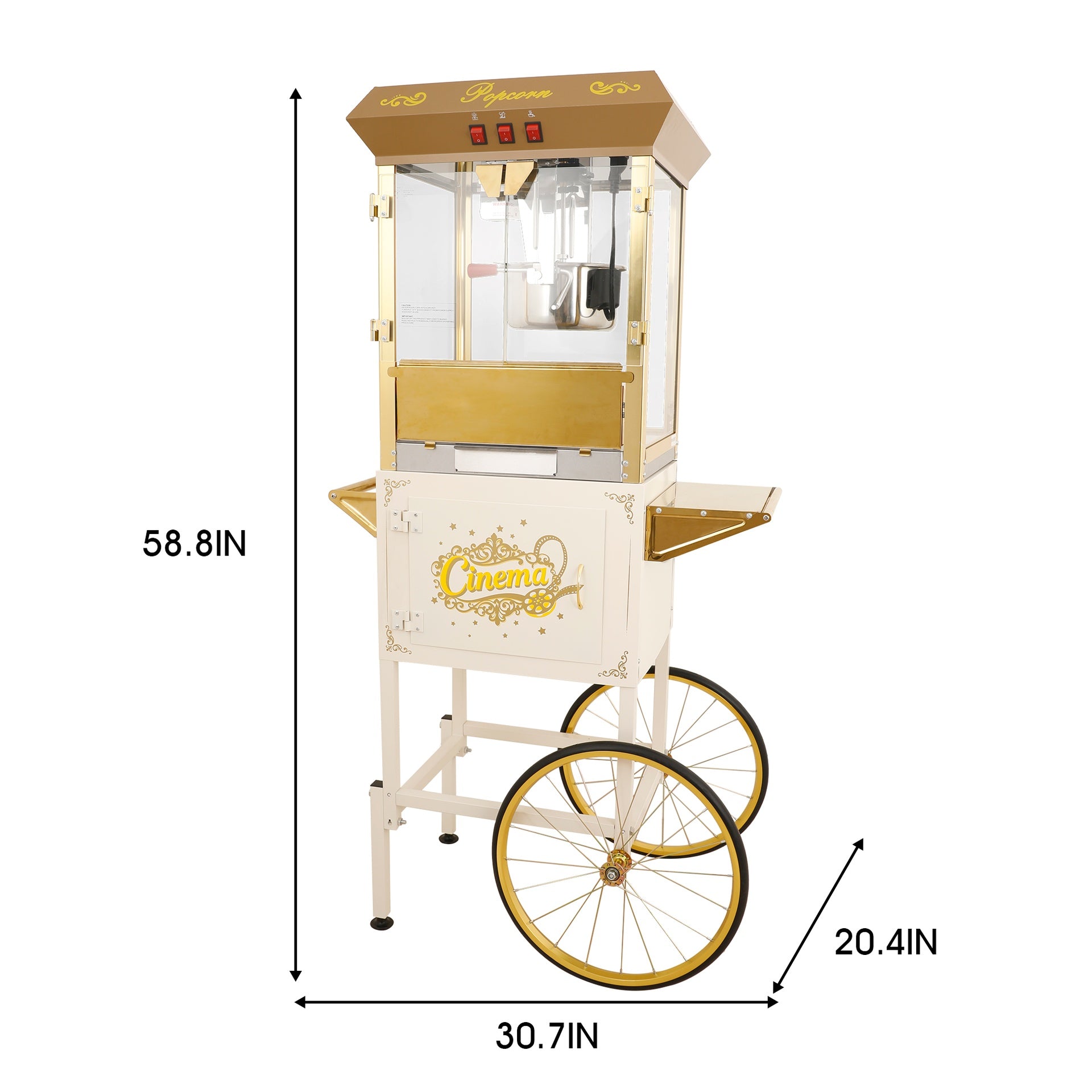 16Oz Commercial Popcorn Machine With Cart and 16 Oz Kettle , Movie Theater Popcorn Machine, Silver Gray Pop Corn Machine with 3-Switch Control & Steel Frame Tempered Glass Doors