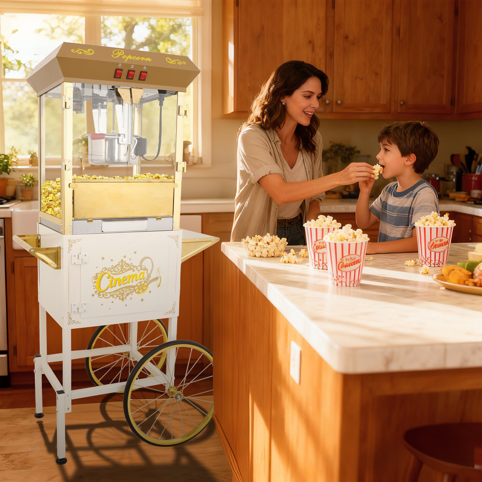 16Oz Commercial Popcorn Machine With Cart and 16 Oz Kettle , Movie Theater Popcorn Machine, Silver Gray Pop Corn Machine with 3-Switch Control & Steel Frame Tempered Glass Doors