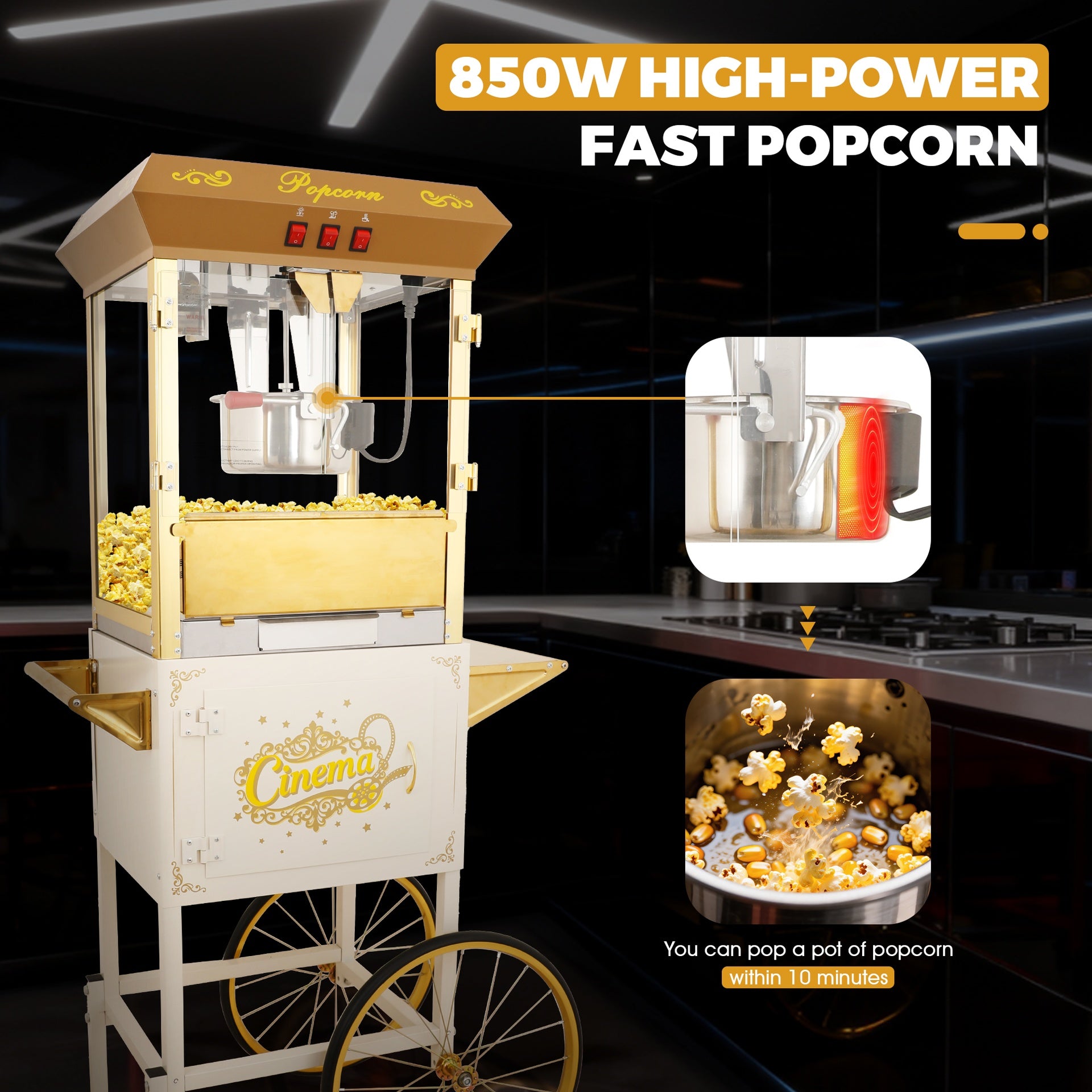 16Oz Commercial Popcorn Machine With Cart and 16 Oz Kettle , Movie Theater Popcorn Machine, Silver Gray Pop Corn Machine with 3-Switch Control & Steel Frame Tempered Glass Doors