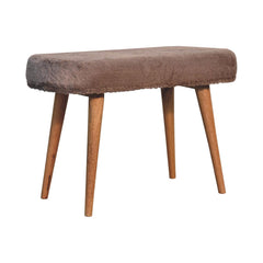 Solid Wood Faux Fur Fabric Bench, Upholstered, Nordic Legs, Mocha and Brown