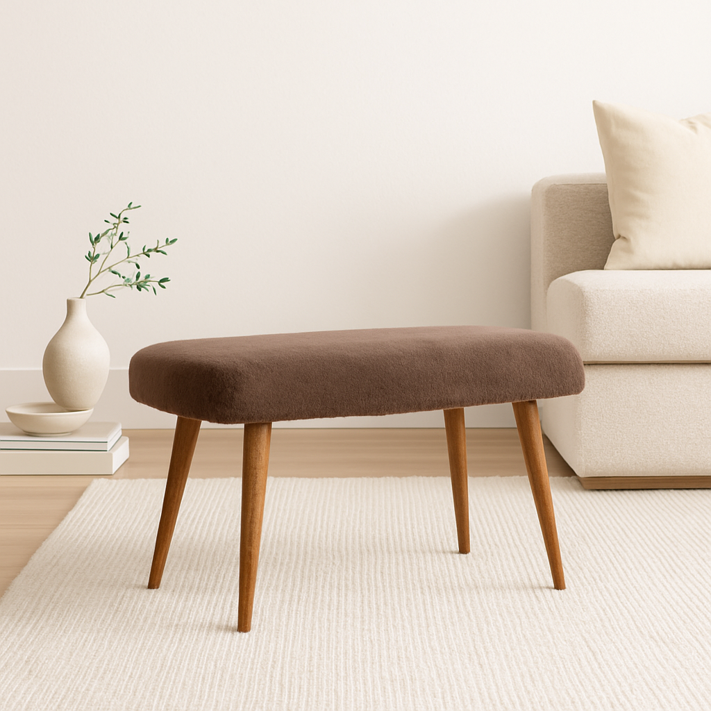 Solid Wood Faux Fur Fabric Bench, Upholstered, Nordic Legs, Mocha and Brown